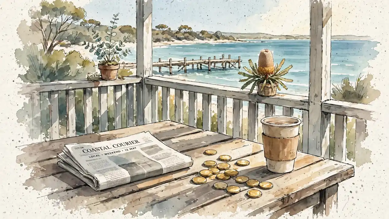 Sunlit Australian verandah table with gold coins, coffee, and ocean view