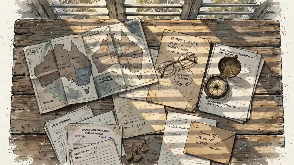 Overhead view of official documents, Australian state maps, compass, and reading glasses on a wooden table in striped afternoon light.