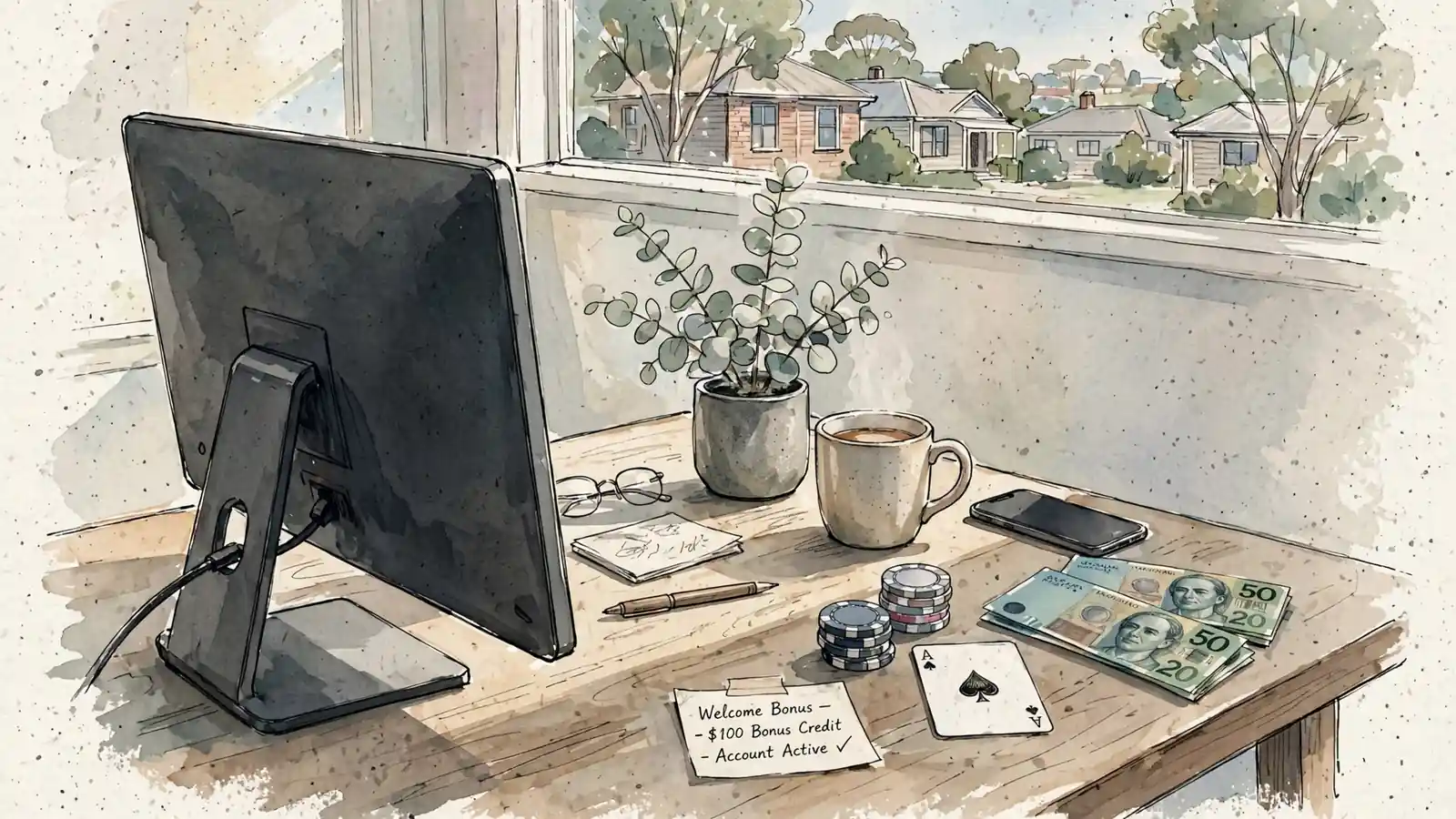 Sunlit home office desk with monitor turned away, Australian dollars, casino chips and a playing card.