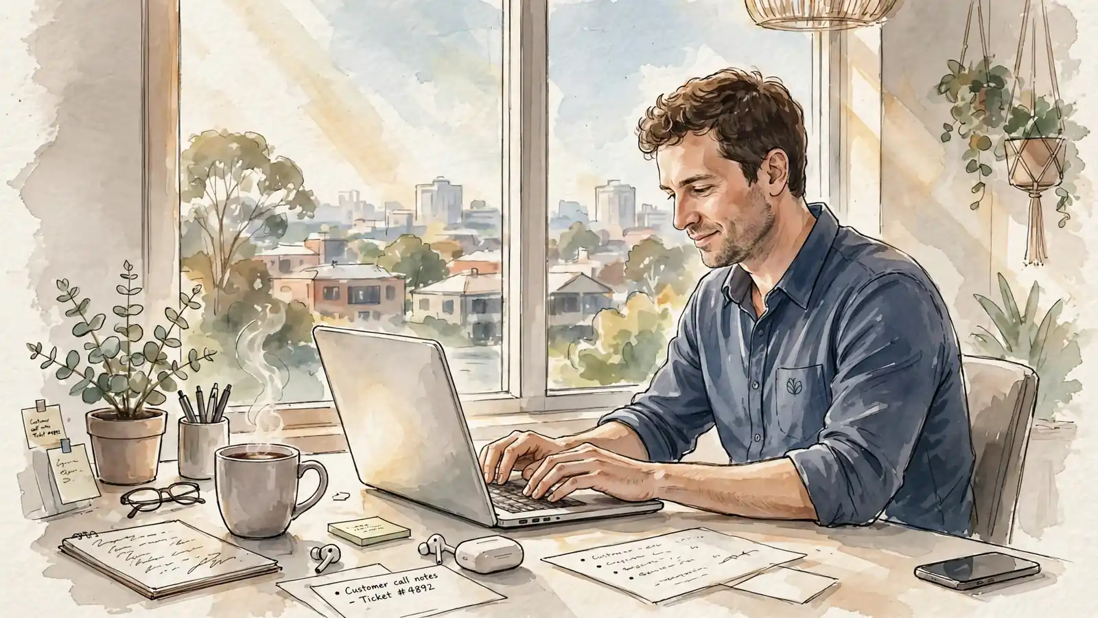 Friendly Australian support team member at a bright modern desk with a laptop, coffee, and eucalyptus plant.