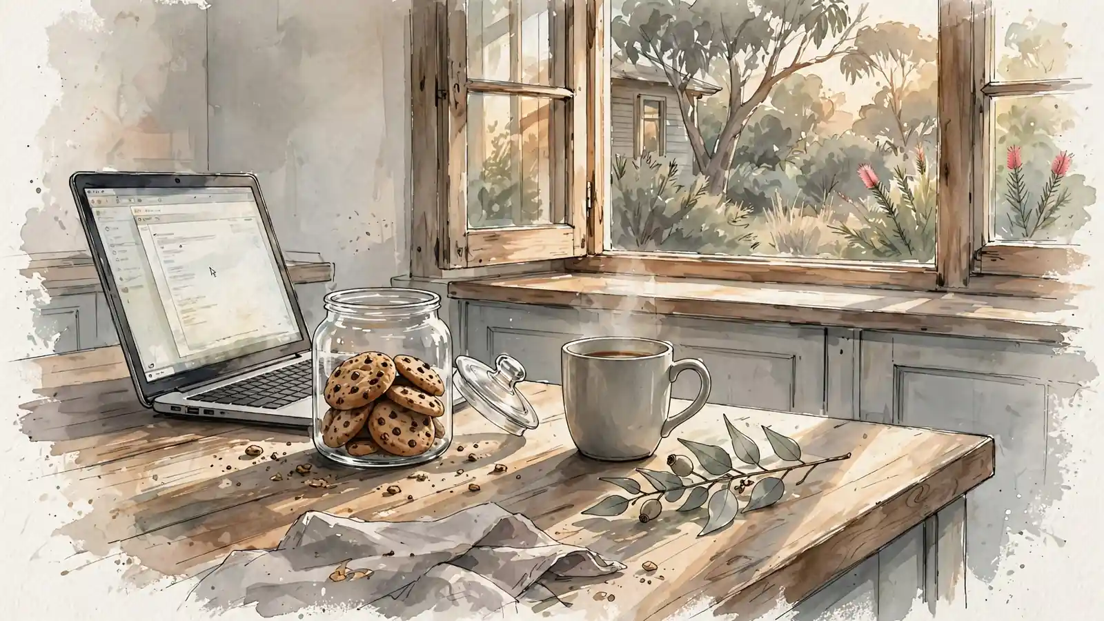 Laptop and jar of cookies on sunlit wooden counter with eucalyptus