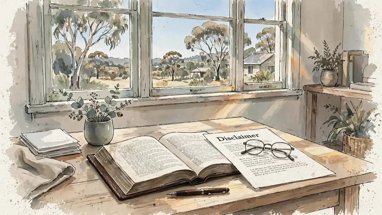 Law book and disclaimer document on a sunlit desk near an Australian window with eucalyptus outside.