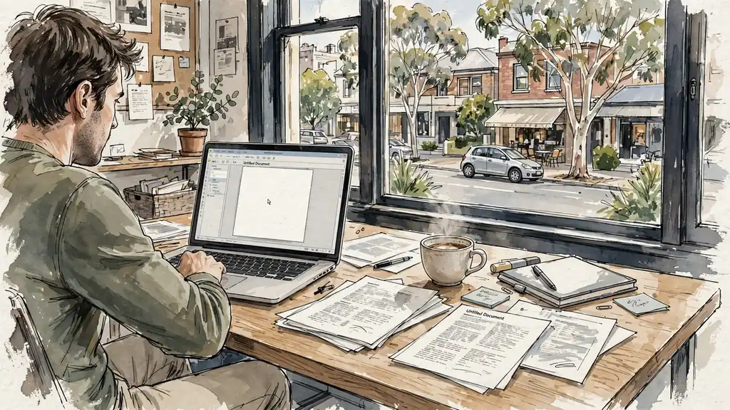 Editorial office desk with documents, laptop, coffee, and a sunny Australian street view.