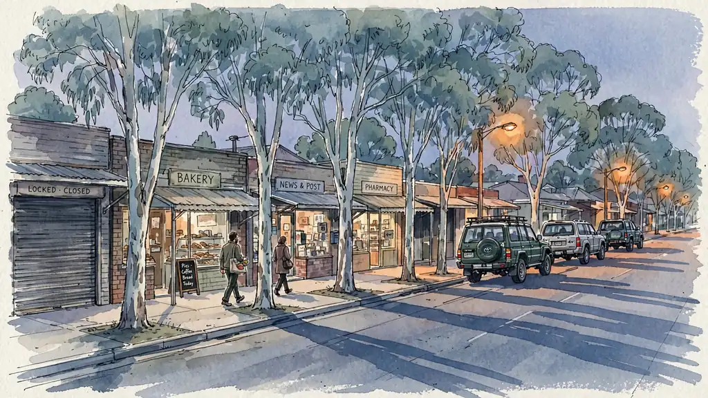 Australian suburban high street at dusk with one closed shopfront.