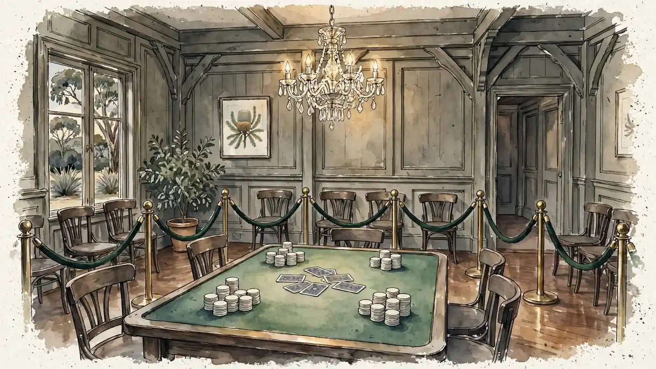 Empty traditional card room with felt table, chips, and face-down playing cards.
