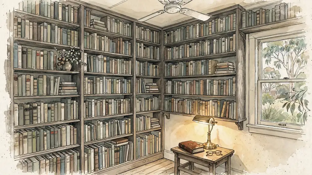 Quiet home study with bookshelves, closed leather volume, and brass lamp.