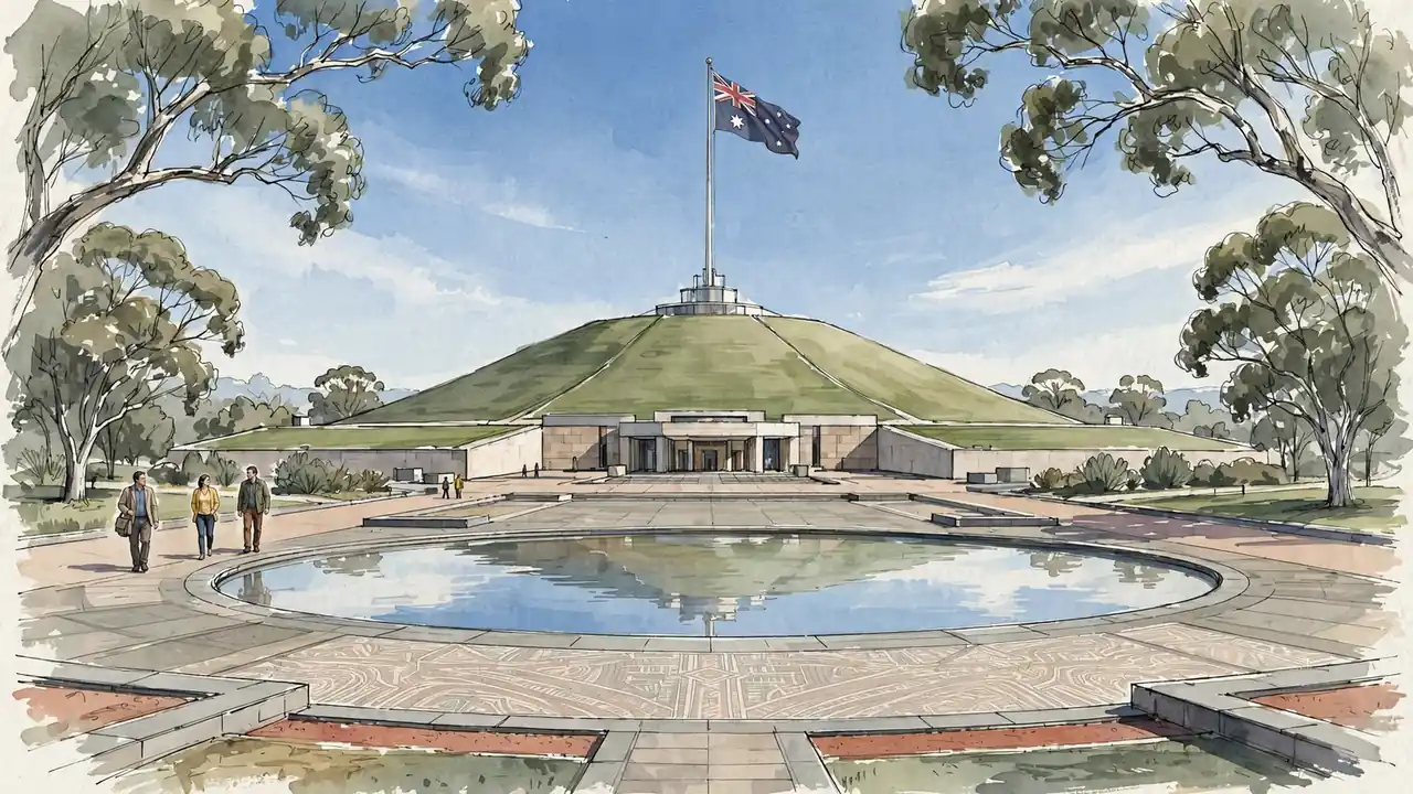 Parliament House in Canberra with grass-covered mound and Australian flag.