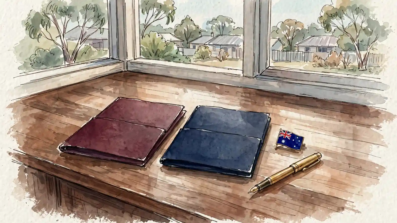 Wooden desk with two closed folders, fountain pen, and small Australian flag pin.