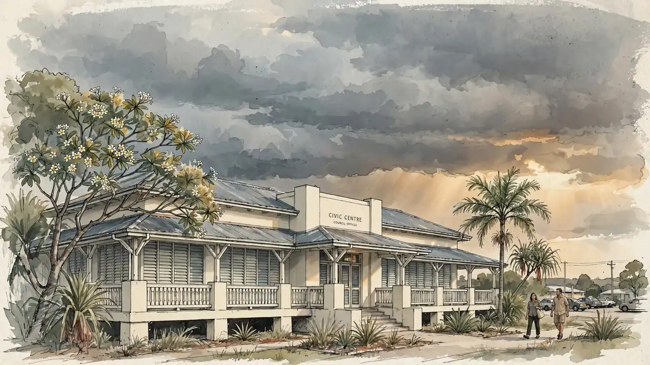Tropical Northern Territory civic building with wide verandahs and palm trees.