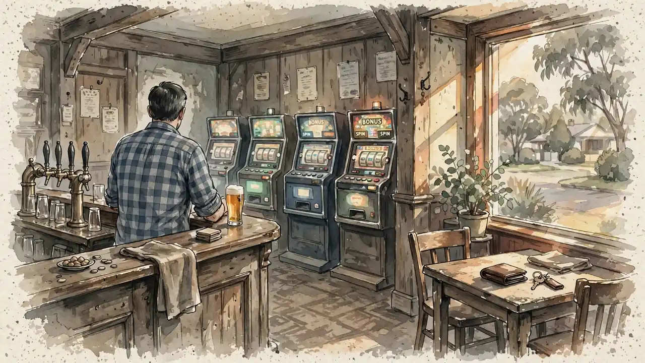 Australian pub interior with man at bar, poker machines glowing in background, wallet on table