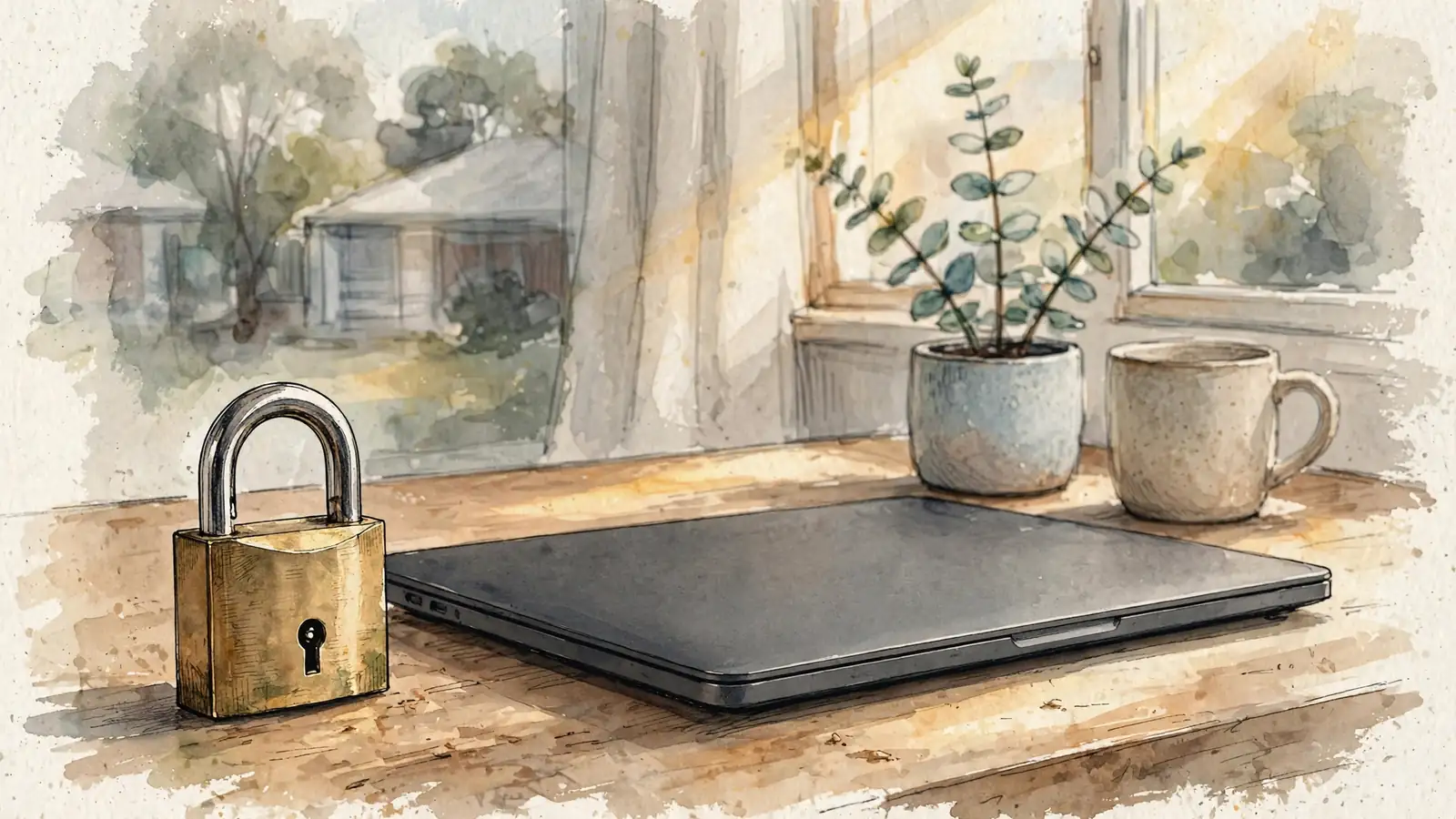 Brass padlock on wooden desk beside a closed laptop with a eucalyptus plant in warm afternoon light
