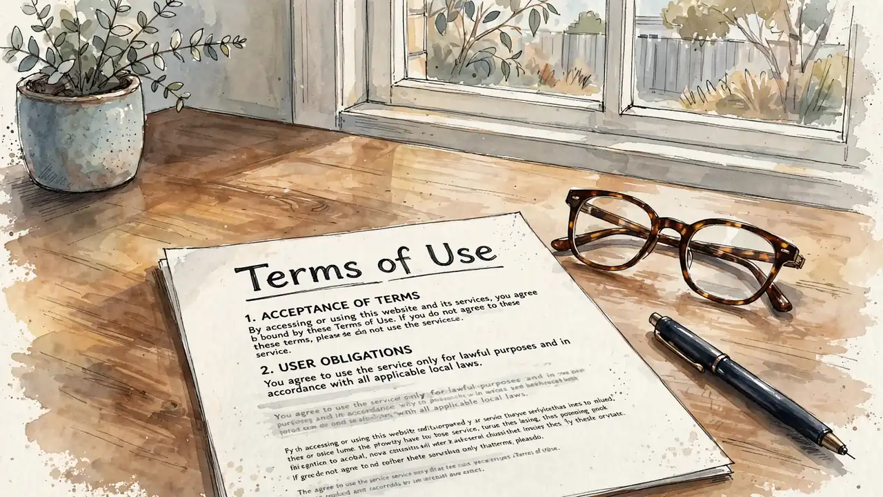 Printed Terms of Use document on a wooden desk with reading glasses.